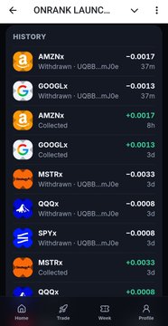 A screenshot of an 'ONRANK LAUNCH...' app history tab displays cryptocurrency transactions including withdrawals of 'AMZNx' and 'GOOGLx' tokens in UQBB_mJ0e amounts, marked at 37m and 8m ago.