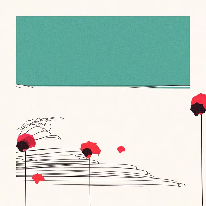 A minimalist artistic design featuring a teal rectangular block at the top and stylized red poppies with black line-drawn foliage on a cream background.