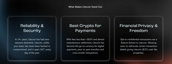 The image shows a screenshot of a website that has three columns with information about cryptocurrency. The first column displays the reliability score for the cryptocurrency, the second column provides details about the best crypto for financial privacy and payments, and the third column explains what makes this particular cryptocurrency stand out from others in terms of security and ease of use.