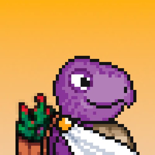 Pixel art of a purple dinosaur character holding a small potted plant with red flowers, with a bandage on its arm, set against an orange gradient background.