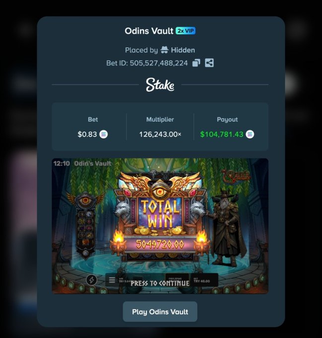 A screenshot from Stake casino shows a winning bet on 'Odins Vault' by Hidden, with a $0.83 bet, 126,243.00× multiplier, and a $104,781.43 payout displayed over the game's 'TOTAL WIN' screen.
