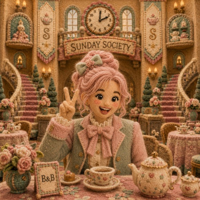 A whimsical felted figurine of a pink-haired woman flashes a peace sign at an ornate "Sunday Society" tea hall, complete with a ticking clock, floral teapots, and a "B&B" placard—evoking the charming, cozy vibe of the upcoming NFT mint where 333 members will join the Society for tea.