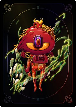 A stylized digital artwork features a red, robotic creature with a single large yellow eye and golden crown-like horns, surrounded by swirling green and white smoke-like energy against a dark background. The image illustrates the post's reference to "Kodamaras," depicted here as otherworldly companions used to farm "Otherside" NFT game resources.