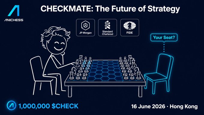 The image features a cartoon illustration of two men sitting at a table playing chess, with various logos around them indicating sponsorship or association with these companies, including JP Morgan (possibly Magnus Carlsen), Standard Chartered, and FIDE. The title "Checksmate" in white text on the image is prominently displayed. This scene might be used to promote an online Chess tournament, possibly highlighting the company's support for competitive chess events.