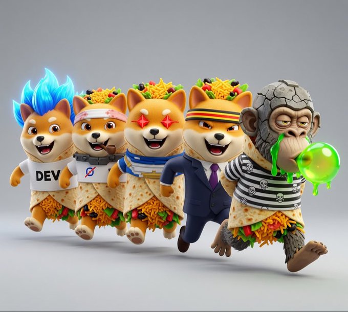 Five 3D-rendered characters (four Shiba Inu-like dogs and a gorilla) wearing tortilla wrap bodies, with one dog in a 'DEV' shirt and another as a sailor, and the gorilla blowing a green bubble.