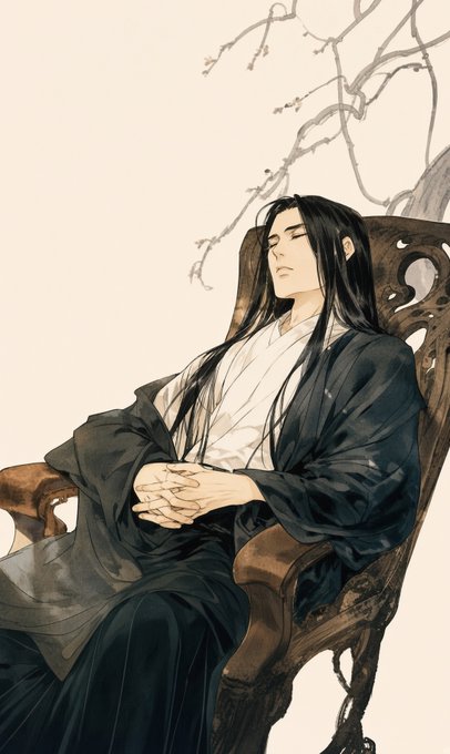 An anime-style illustration of a person with long black hair in dark robes sleeping in a wooden chair, resembling Severus Snape.
