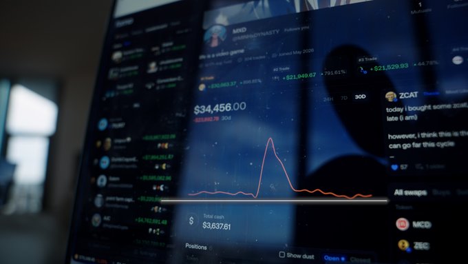 A close-up of a cryptocurrency trading dashboard displaying a portfolio with a total cash value of $3,637.61 and a position showing $34,456.00, alongside tickers like MND (UPGRADED NASTY) and ZCAT, visually reinforcing the post's message about disciplined, steady trading rather than chasing the large PnLs often seen on screen.