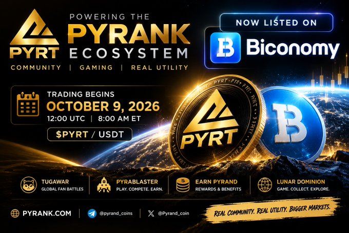A promotional graphic for Pyrank (PYRT) announcing its listing on Biconomy exchange on October 9, 2026 at 12:00 UTC for PYRT/USDT trading. The image showcases the gold PYRT coin and blue Biconomy logo alongside ecosystem features like Tugawar, Pyrablaster, Lunar Dominion, and Earn Pyrand, reinforcing the tweet's announcement about the token's expansion with real utility in gaming and community competitions.