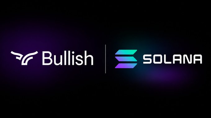 Logo partnership announcement showing the Bullish and Solana cryptocurrency exchange logos side by side against a dark background with purple highlights.