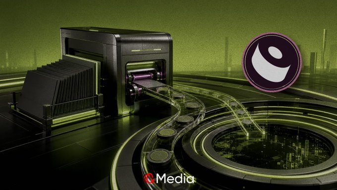 A futuristic green-lit industrial scene depicts a printer or processing machine feeding material onto a circular platform with a small city inside, accompanied by a large stylized eye logo and 'K Media' watermark.