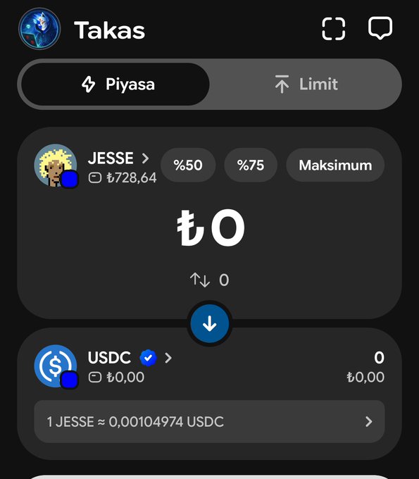 A cryptocurrency swap screen on what appears to be a wallet app (likely Phantom) is set up to exchange JESSE (balance ₺728,64) for USDC. The current exchange rate shown is 1 JESSE ≈ 0.00104974 USDC, supporting the poster's note that the token has a very low market valuation, which they're considering buying more of.