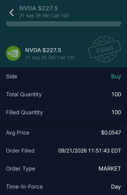 A mobile app screenshot showing a filled buy order for NVDA $227.5, 21 Sep 26 (W) Call 100, with an average price of $0.0547, filled on 09/21/2026 11:51:43 EDT.