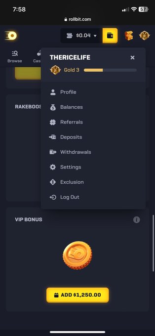 A screenshot of the Rollbit.com mobile site shows a user profile menu for "THERICELIFE" with Gold 3 rank status, featuring a prominent VIP Bonus notification offering "ADD ₡1,250.00" to the user's account, suggesting this is the surprise bonus the post is excitedly referencing.
