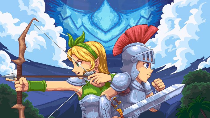 Pixel art illustration of two warriors back-to-back—a blonde archer with a green headband and a Roman-style soldier with a red-plumed helmet—posed against a blue sky with clouds and a large emblem.
