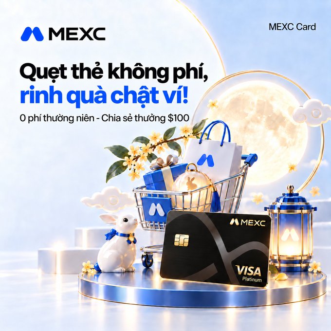 A MEXC Visa Platinum credit card is displayed in front of a moonlit scene with a shopping cart of gifts, a rabbit figurine, and a lantern, accompanied by Vietnamese text "Quẹt thẻ không phí, rinh quà chất ví!" promoting fee-free card swiping and a $100 reward for sharing.