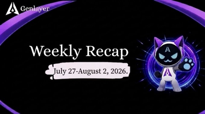 A 'Weekly Recap' banner for Genlayer dated July 27-August 2, 2026, featuring their purple cat-like mascot character.