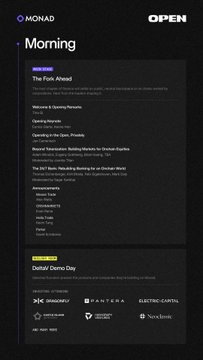 A "Monad Morning" newsletter from OPEN featuring upcoming sections on block times, MEV resistance, and censorship resistance for the next version of Monad. Sponsors listed at the bottom include Sinodrome, Pantora, and Electric Capital.