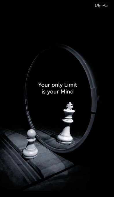A small white pawn stands on a chessboard facing a circular mirror that reflects its image as a king, with the text "Your only Limit is your Mind" overlaid on the dark background—powerfully illustrating the post's message "It's you vs you" by showing how the mind's reflection can transform the player.