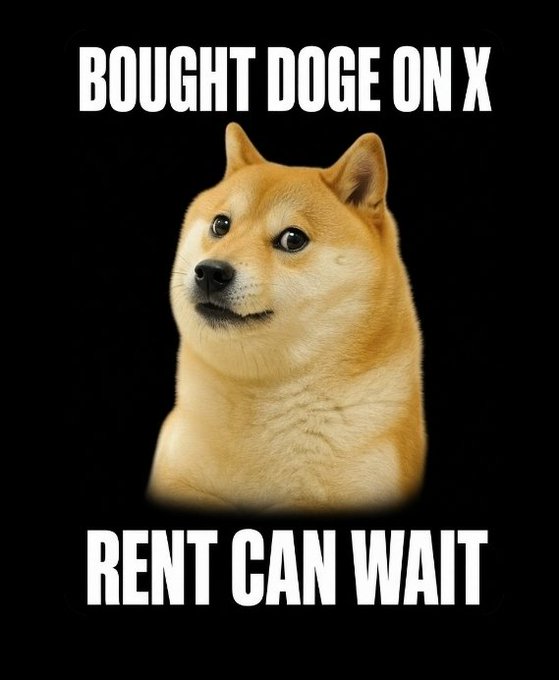 A Doge meme with the text "BOUGHT DOGE ON X" at the top and "RENT CAN WAIT" at the bottom, on a black background.
