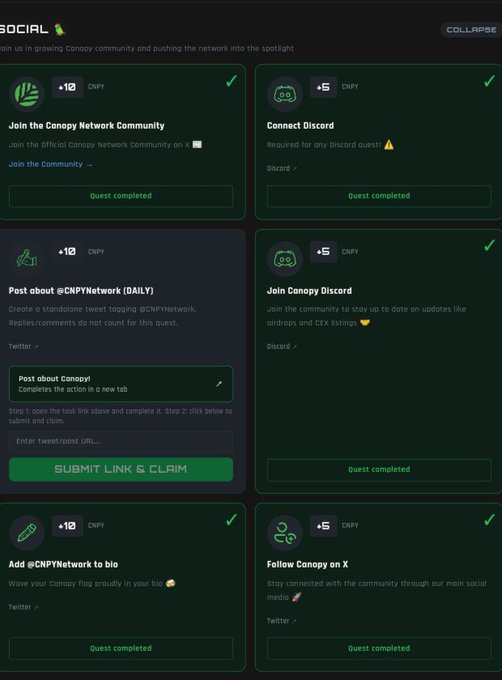 The image shows a Canopy Network social quests page with tasks like joining the Canopy Community (+10 CNPY), connecting Discord (+5 CNPY), posting about @CNPYNetwork (DAILY, +10 CNPY), joining Canopy Discord (+5 CNPY), adding @CNPYNetwork to bio (+10 CNPY), and following Canopy on X (+5 CNPY), with several already marked "Quest completed."

This aligns with the post's call-to-action encouraging users to join the Canopy community, connect a wallet, and engage on Discord/X to earn free CNPY rewards through simple social tasks.