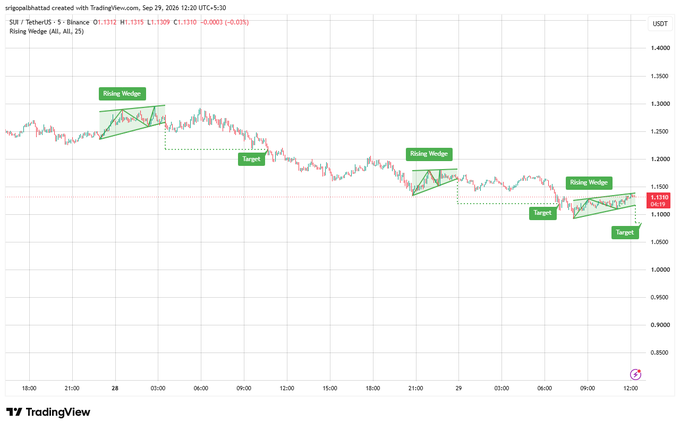 A TradingView candlestick chart for SUI/USDT displays a 5-minute timeframe on Binance, showing multiple "Rising Wedge" patterns (marked in green) with corresponding downside "Target" projections, as price consolidates near $1.1315 ($1.1310 current, -0.002% change) between $1.05–$1.40 levels on September 29, 2025. The chart visually illustrates the post's analysis, depicting the narrowing rising wedge formations and projected bearish targets that align with the concern about selling pressure and the critical support level near $1.10.