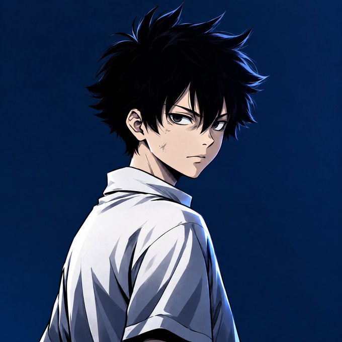 An anime-style young man with messy black hair and a serious expression, wearing a white shirt, glances over his shoulder against a deep blue background. His determined gaze mirrors the post's "grind" mentality, embodying a focused, hardworking spirit ready to welcome "wealth and long life" through relentless effort.