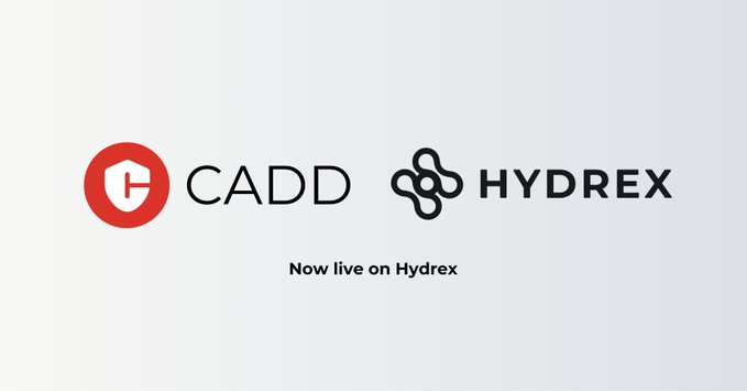 A promotional graphic showing the CADD and HYDREX logos side by side with the text 'Now live on Hydrex' beneath them on a light gradient background.