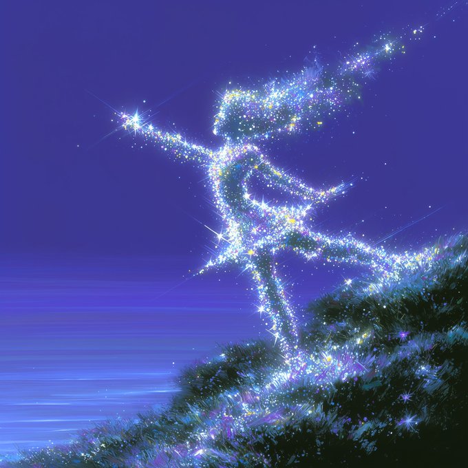 A dreamy digital illustration of a figure formed from sparkling stars and light, standing on a glowing grassy hill against a deep blue night sky.