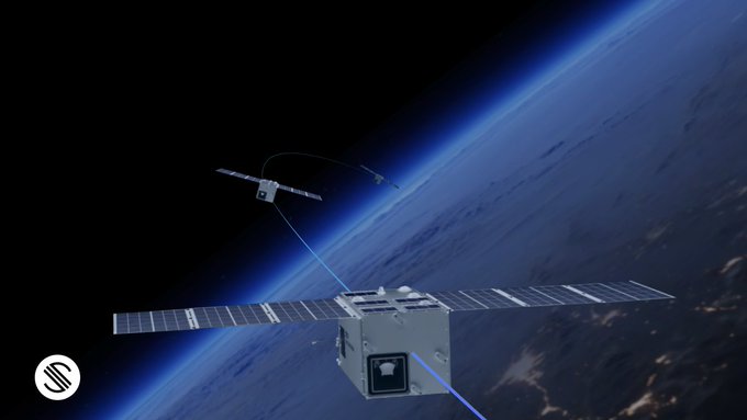An artistic rendering shows two satellites in orbit above Earth, connected by a curved trajectory line and emitting a blue beam, symbolizing borderless, permissionless commerce in space. The image visually reinforces the post's theme of "Freeport" as a jurisdiction-less frontier where $SPACE assets move freely beyond sovereign control.