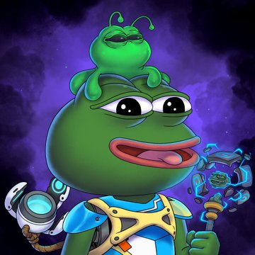 A cartoon green frog character with a smaller frog perched on its head, holding a glowing staff against a purple cosmic background.