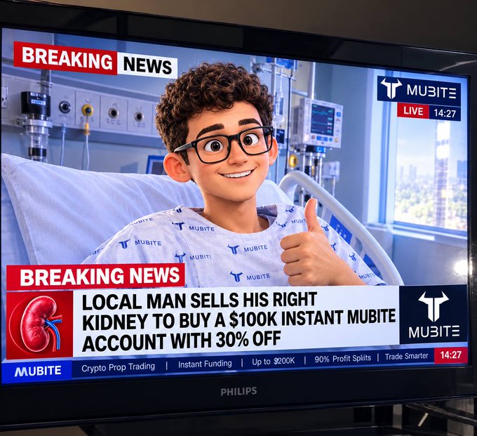 The image shows a TV screen displaying a "BREAKING NEWS" broadcast on the MUBITΞ network, featuring an animated young man in a hospital gown giving a thumbs-up beside a kidney graphic, with the headline "LOCAL MAN SELLS HIS RIGHT KIDNEY TO BUY A $100K INSTANT MUBITE ACCOUNT WITH 30% OFF." The satirical news segment visually amplifies the post's message by humorously exaggerating the "extreme commitment" people might make for trading funding, reinforcing the tongue-in-cheek reminder to "keep both kidneys" while promoting the 30% off MUBITE challenges promo running until 14:27.