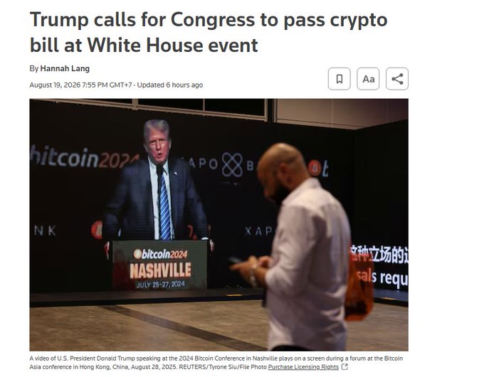 A news article headlined 'Trump calls for Congress to pass crypto bill at White House event' by Hannah Lang, showing a video of President Donald Trump speaking at the 2024 Bitcoin Conference in Nashville.