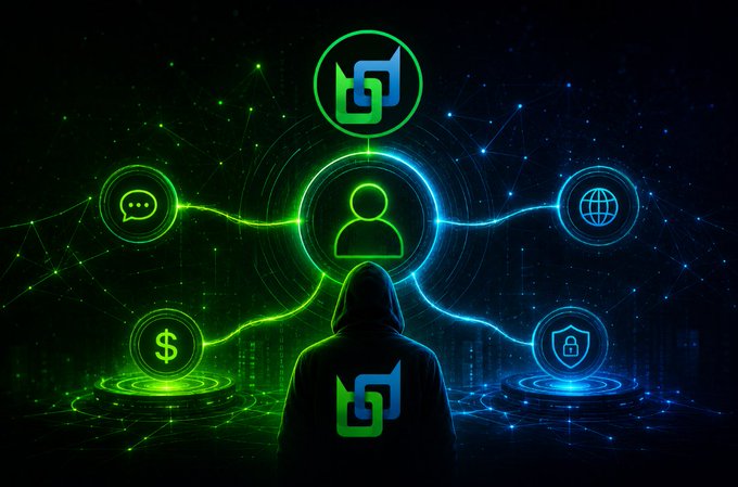 A hooded figure faces a glowing central user icon connected by green and blue neon lines to symbols representing messaging, global networking, finance (dollar sign), and security (shield/lock). The Beldex logo (BD) appears above and on the figure's back, visually representing the post's message about Beldex Name Service (BNS) replacing anonymous crypto addresses with human-readable identities.