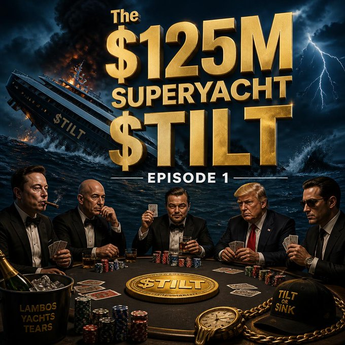 "The $125M Super yacht tilt," a movie poster, features five men playing poker at a table with wine glasses as well as other casino-related props like slot machines. The background shows a sinking ship and various types of boats scattered throughout. The text on the poster says "Degen Lore is now LIVE on X The ESPN of financial self-destruction on Solana. Tilt isn't failure. It's content. It's the brand. Historical Whale Lore Real-Time Tilt Theater Weekly Biggest Tilt Competitions t.me/degenlorehq". The post seems to be related to this movie, focusing on the sinking ship and casino theme, while celebrating the success of the $125M Super yacht tilt.