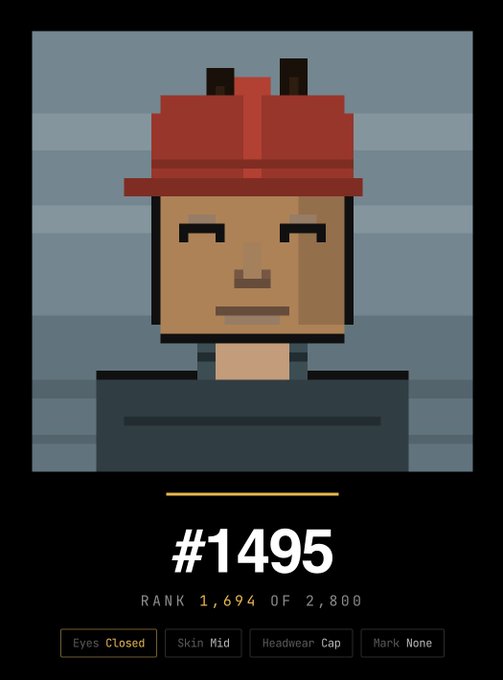 A pixel art character card showing a person with a red cap and brown skin, labeled '#1495 RANK 1,694 OF 2,800' with attributes 'Eyes Closed', 'Skin Mid', 'Headwear Cap', 'Mark None'.