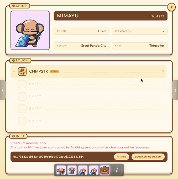 A digital interface for a NFT chimp character named 'MIMAYU' (No.4272) from Great Panda City, showing pouch details with an Ethereum mainnet wallet address.