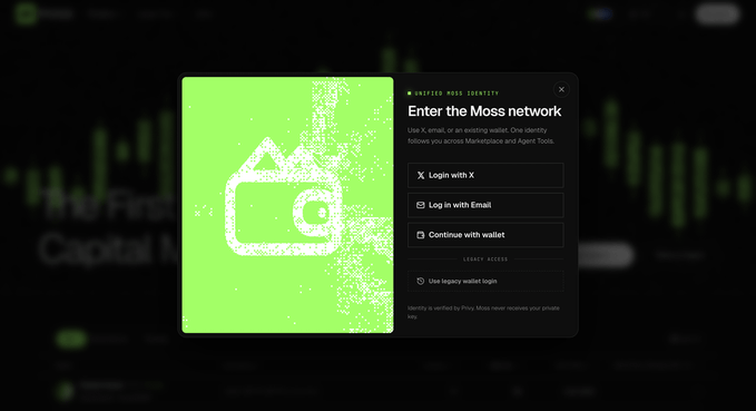 A login prompt for Moss, an AI Agent Marketplace, with options to "Login with X," "Log in with Email," and "Continue with wallet," featuring a green graphic of a wallet with a lock. The accompanying post explains that the wallet and legacy access options now allow users to enter the Moss network without needing a seed phrase or extension, thanks to Privy-generated wallets that work across the platform.