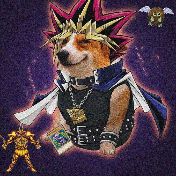 A humorous edited image showing a Shiba Inu dog's body dressed as the Yu-Gi-Oh! character Yami Yugi with spiky magenta and yellow hair, a Millennium Puzzle necklace, and a card, accompanied by small figures of Exodia and a Kuriboh.