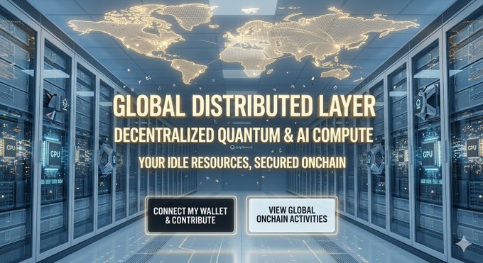 The image features an advertisement for a new type of computing technology, which is called "Global Distributed Layer." The advertisement shows a large server room filled with servers, and there are also servers outside the building. The text on the image reads "Global Distributed Layer Decentralized Quantum & Compute Your idle resources, secured overlaychain". This advertisement is promoting a new type of computing technology that uses distributed networks to store and process data instead of traditional centralized systems.