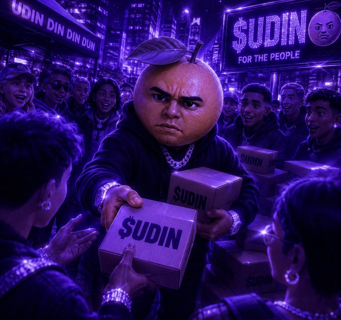 A figure with an orange head as a mask hands out "$UDIN" branded boxes to an eager crowd under neon signage reading "$UDIN FOR THE PEOPLE" and "UDIN DIN DIN DUN," visually reinforcing the post's call to action where participants are promised a $Udin airdrop and better odds if they've been actively posting about the token.