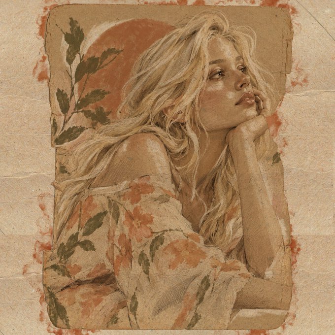 A sketch-style portrait depicts a blonde woman in a floral dress, resting her chin on her hand against a warm, textured background.