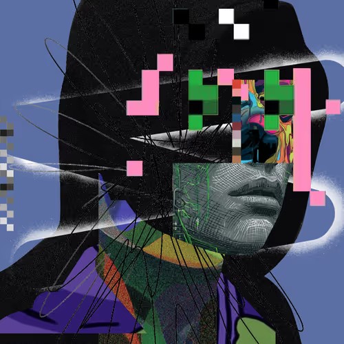 A stylized digital portrait of a person wearing a black hood, with their face partially obscured by a pink and green "J4$$" pixelated graphic and glitch effects, while the post "das me" suggests the image is a personal self-representation of the artist.