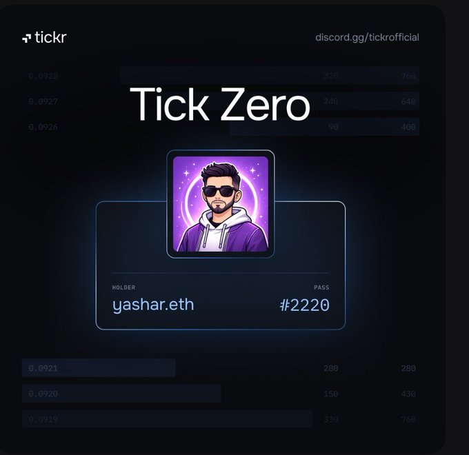 A digital interface or badge displaying the text "Tick Zero" above an illustrated avatar of a man with a beard and sunglasses, associated with the holder "yashar.eth" and pass "#2220" on the "tickr" platform.