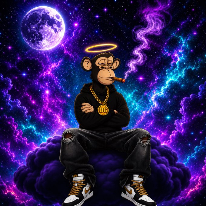 A digital illustration of a monkey wearing a black hoodie, gold 'OG' chain, and Nike sneakers, smoking a cigar with a halo above its head, sitting on a cloud against a purple cosmic background with a moon.