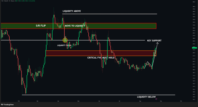 A TradingView chart for TAO displays annotated technical levels, including a "LIQUIDITY ABOVE" zone, "S/R FLIP" resistance around $260–$280, "KEY SUPPORT" and "CRITICAL FVG MUST HOLD" zones near $220–$230, and "LIQUIDITY BELOW," illustrating the post's claim that TAO has reclaimed the critical fair value gap with $260 as the next upside target.