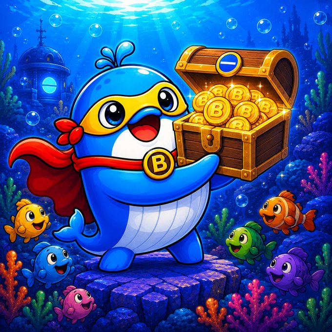 A cartoon illustration of a blue superhero whale wearing a red cape and a Bitcoin 'B' medallion, holding a treasure chest overflowing with Bitcoin coins while surrounded by colorful fish in an underwater coral reef setting.