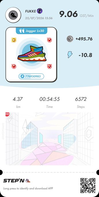 STEP'N app screenshot showing a Jogger Lv30 sneaker NFT, recording a run of 4.37 km in 00:54:55 with 6572 steps and a GST/Min of 9.06, dated 25/07/2026.