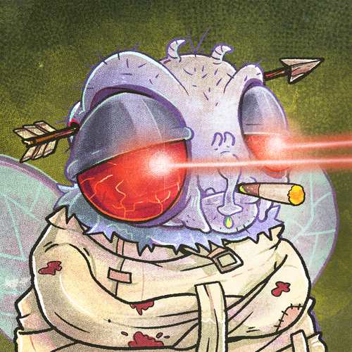A stylized illustration of a fly-like creature with glowing red eyes, arrows sticking out of its head, a cigarette in its mouth, and wearing a tattered straitjacket.