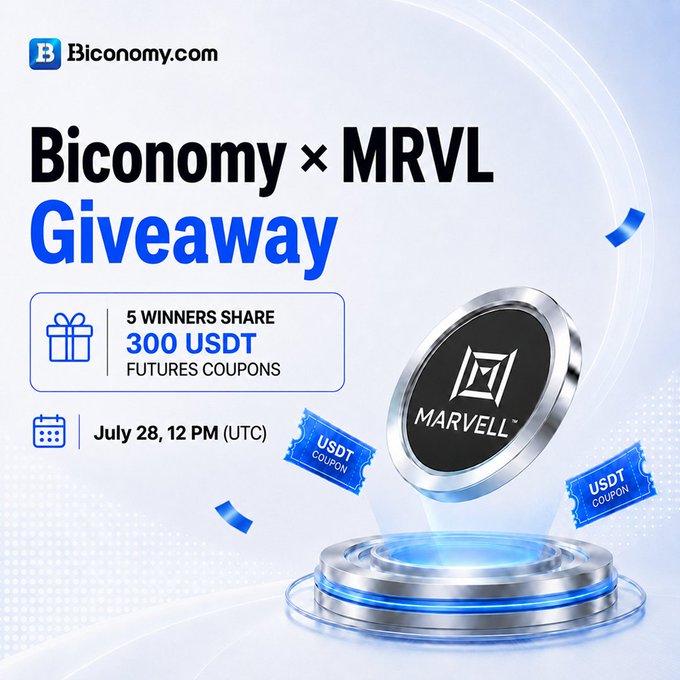 Promotional graphic for a "Biconomy x MRVL Giveaway" where 5 winners share 300 USDT futures coupons, featuring a Marvell logo medallion and USDT coupon tickets above a glowing platform, with the deadline of July 28 at 12 PM (UTC) displayed to match the accompanying contest announcement.