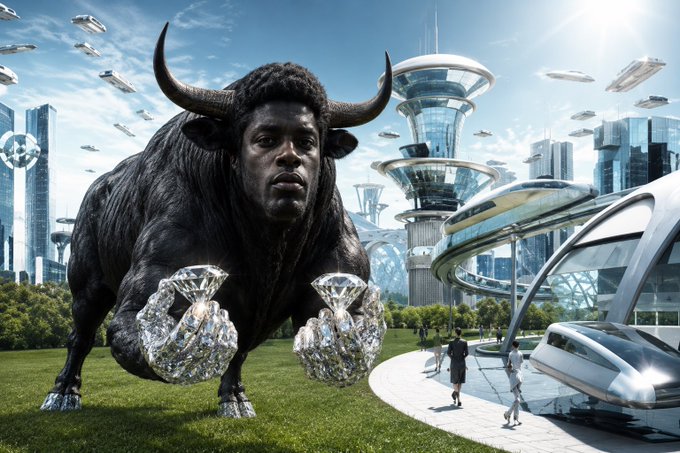 A colossal hybrid creature with a minotaur-like horned bull body and a human face crouches on a futuristic lawn, clutching massive diamond bags, set against a backdrop of sleek flying vehicles and towering sci-fi skyscrapers. The surreal image mirrors the post's fantasy of unimaginable crypto wealth from a $ANSEM investment taking the portfolio to astronomical heights.